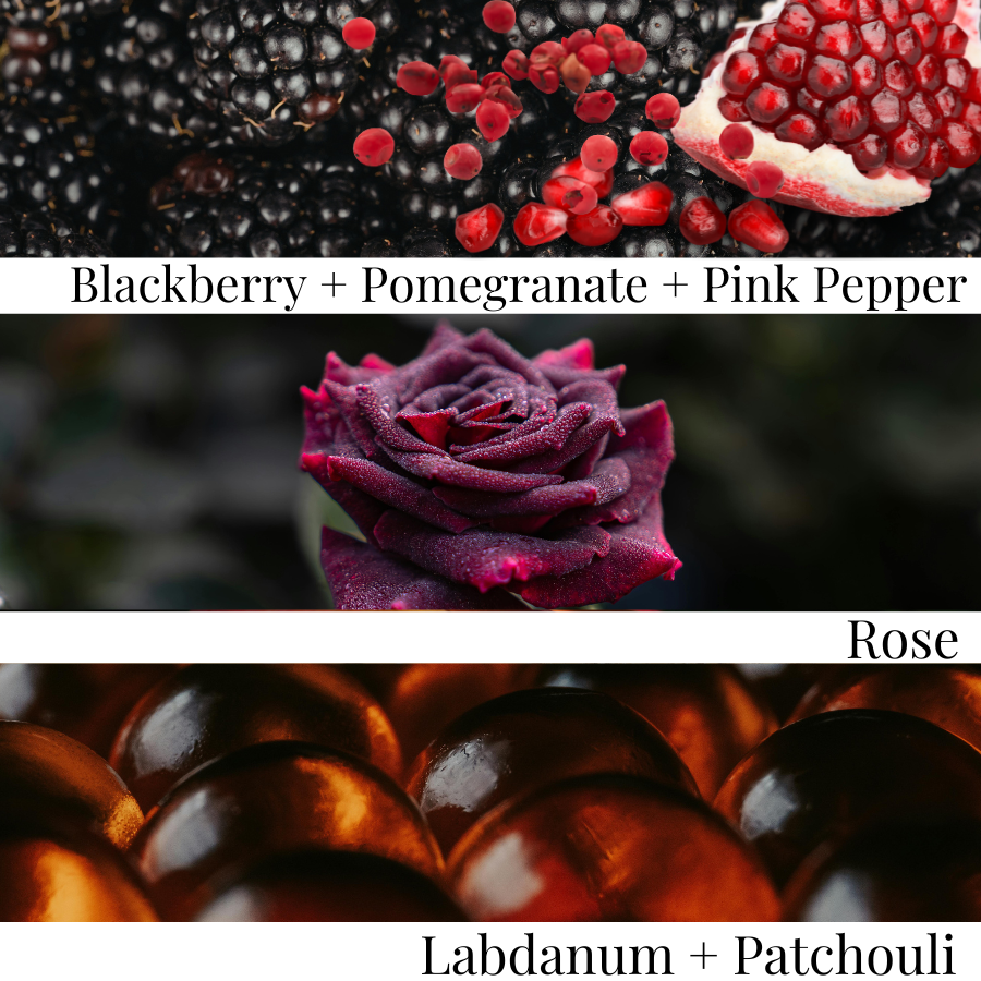 Collage of blackberries, pomegranate, pink pepper, rose, labdanum, and patchouli with descriptive text.