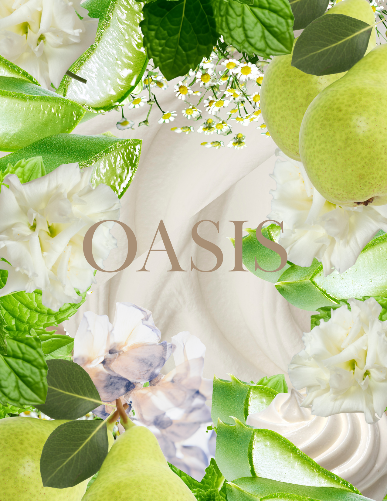 Collage of green pears, white flowers, and green leaves with the word 'OASIS' in the center.