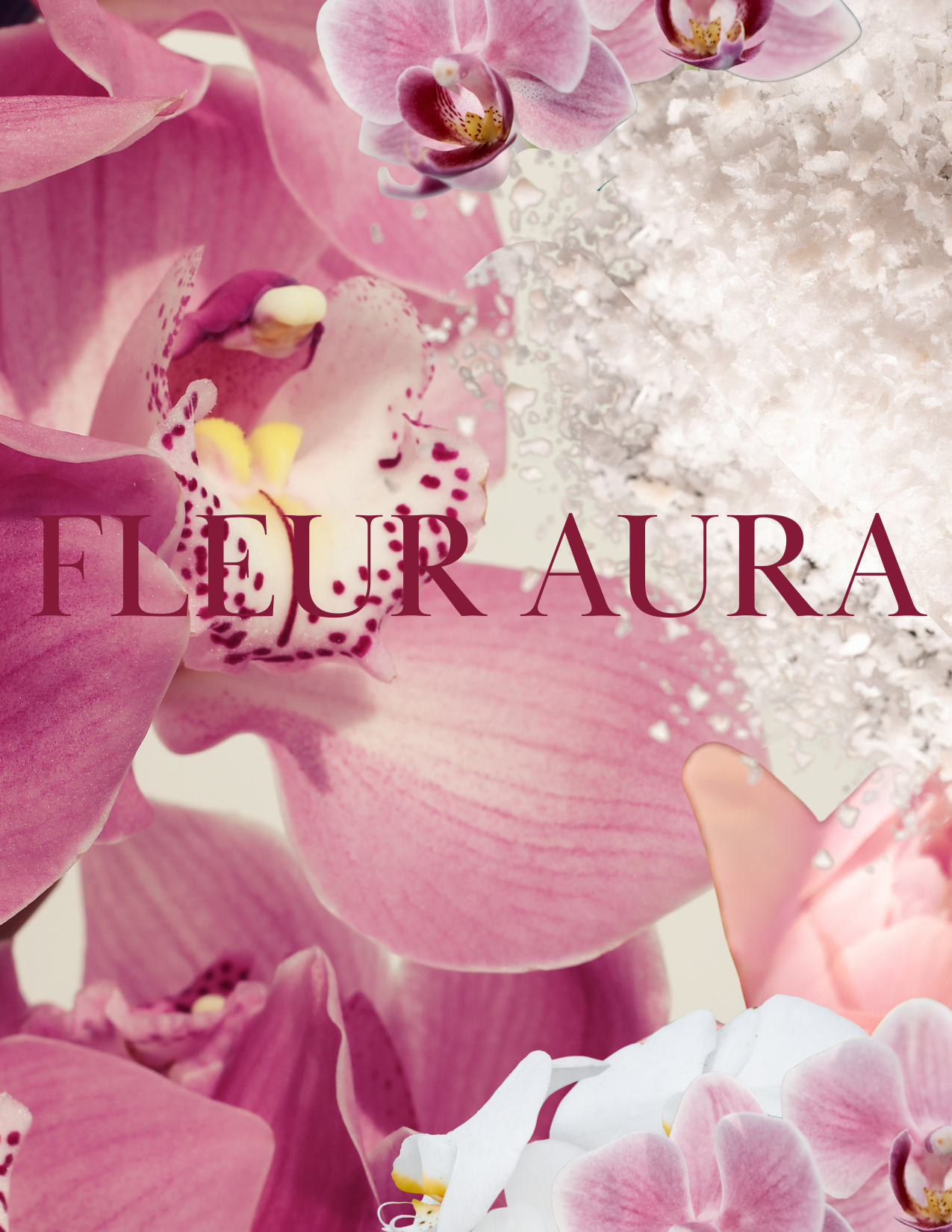 Pink orchids with 'Fleur Aura' text on a textured background