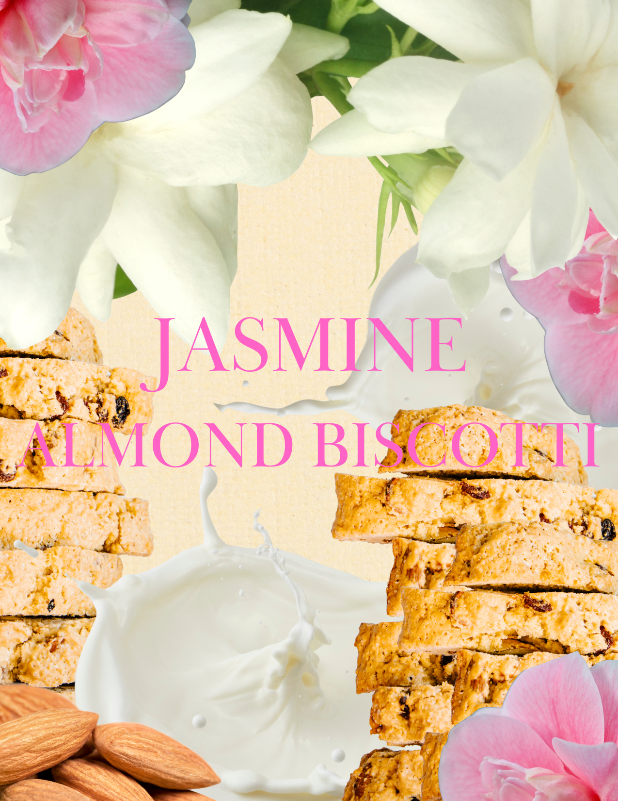 Jasmine almond biscotti with almonds, milk, and flowers on a light background