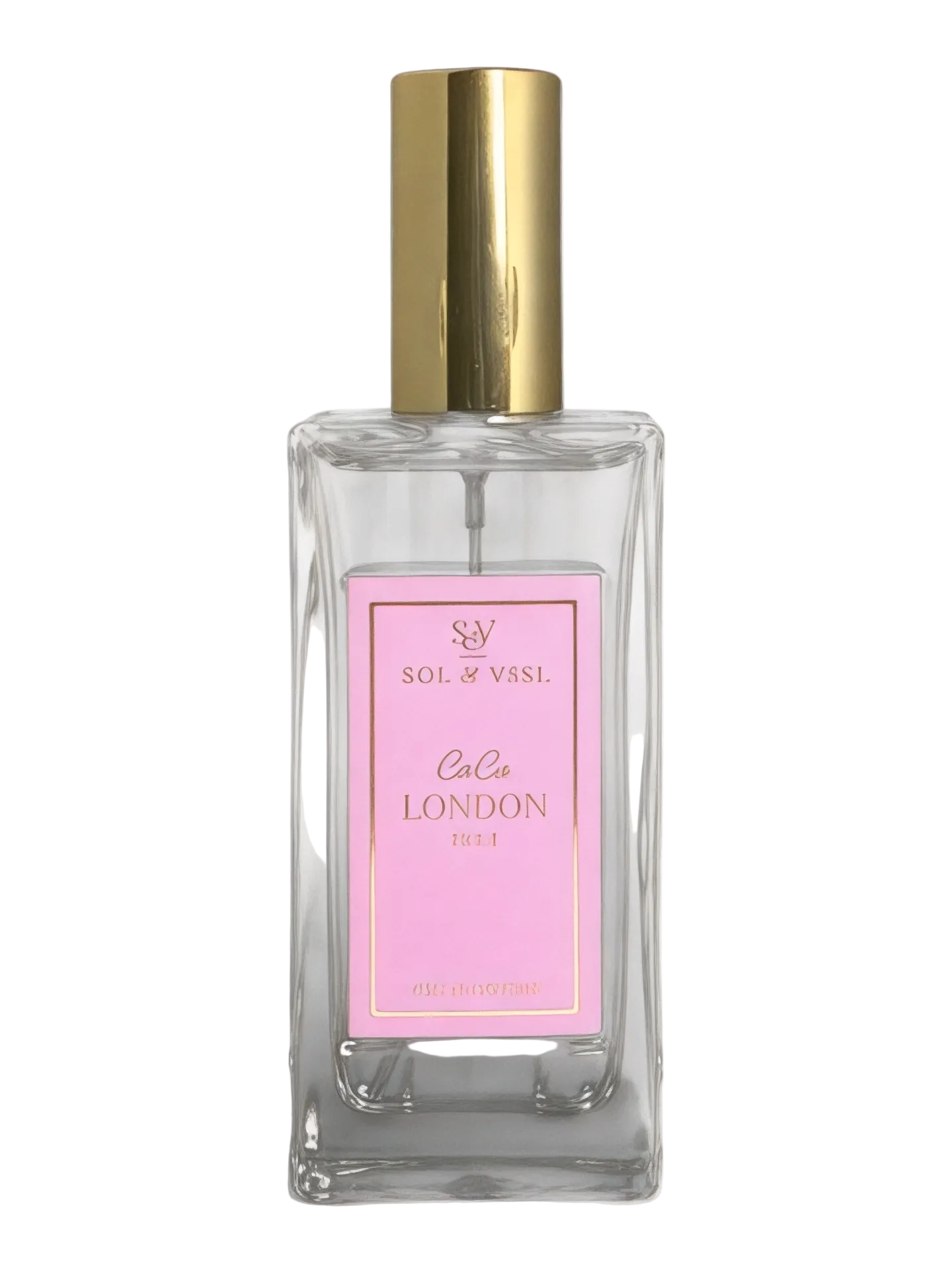 Perfume bottle with gold cap and pink label on a white background