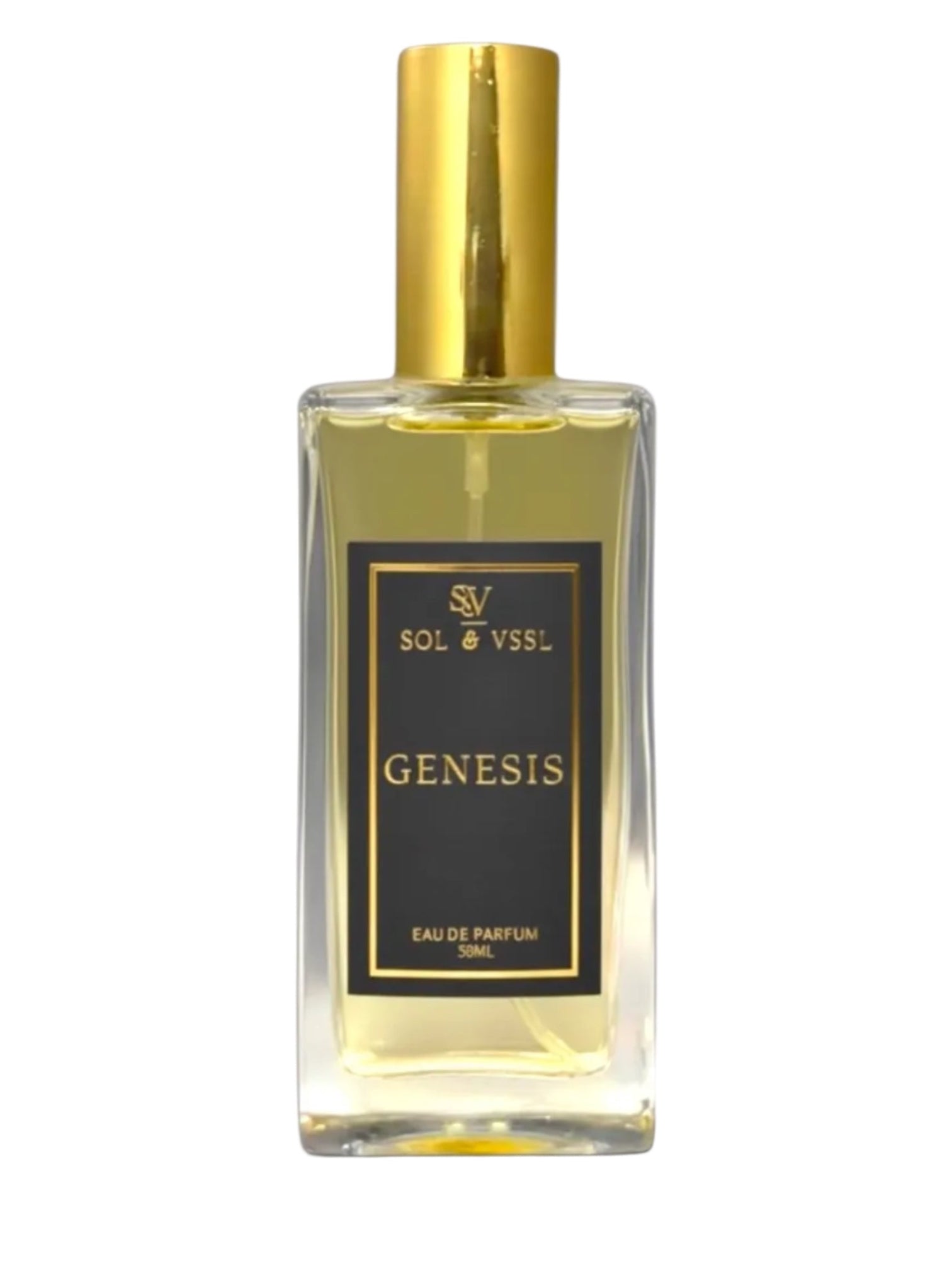 Perfume bottle labeled 'Genesis' by Sol & Vssl with a gold cap on a white background
