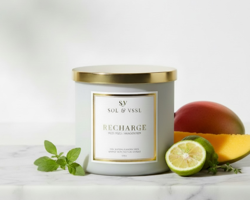 Candle with 'SV Sol & Vssl' branding and 'Recharge' label, surrounded by mango and lime on a light background