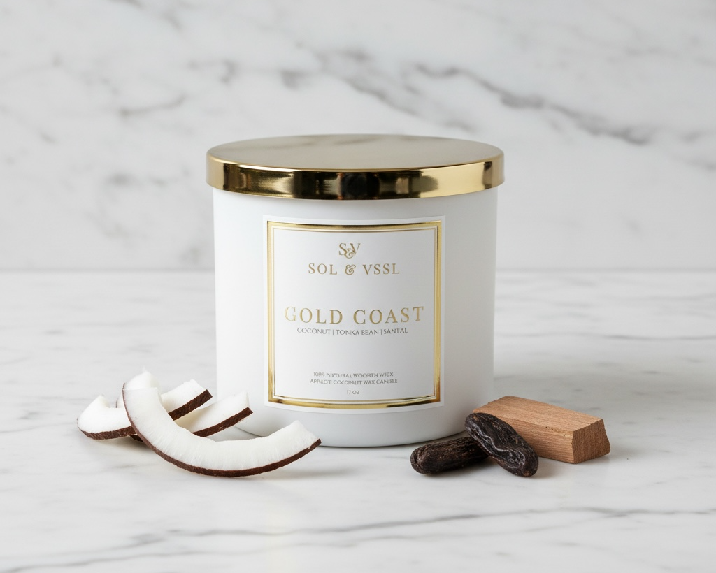 Candle labeled 'Gold Coast' by Sol & Vssl on a marble surface with coconut and wood elements.
