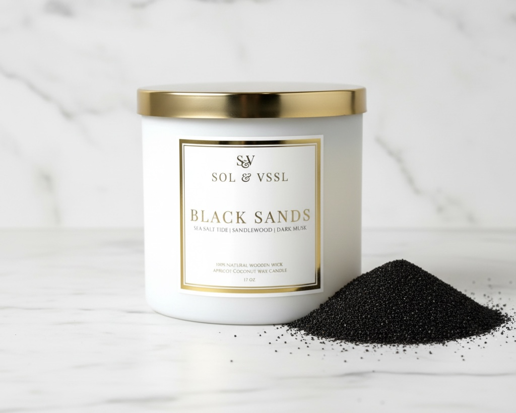White container with gold lid labeled 'SOL & VSSL Black Sands' on a white background