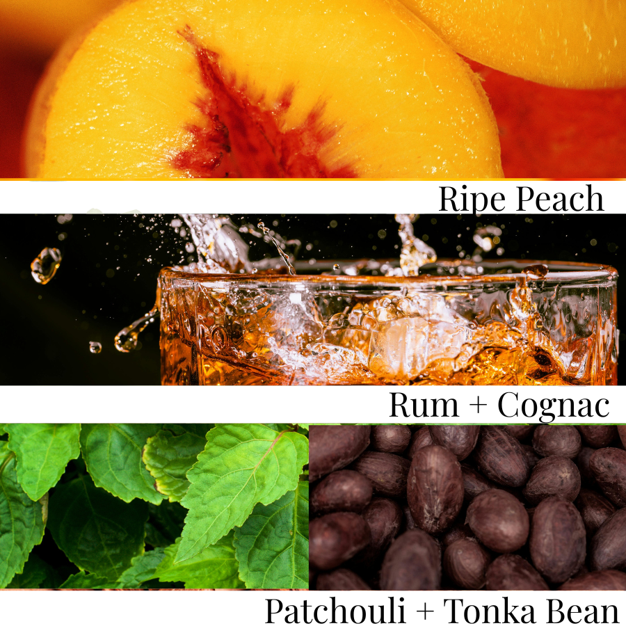 Collage of a ripe peach, a glass of rum and cognac, patchouli leaves, and tonka beans.