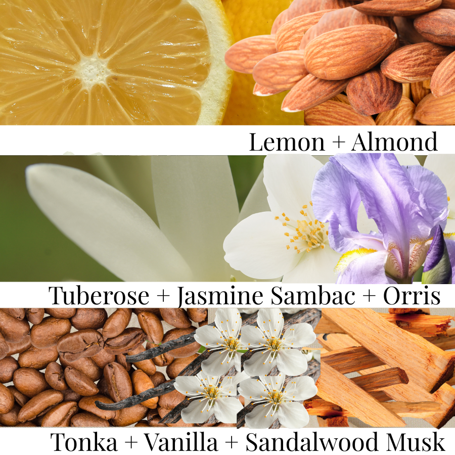 Collage of lemon, almonds, flowers, and wood with text indicating fragrance notes.
