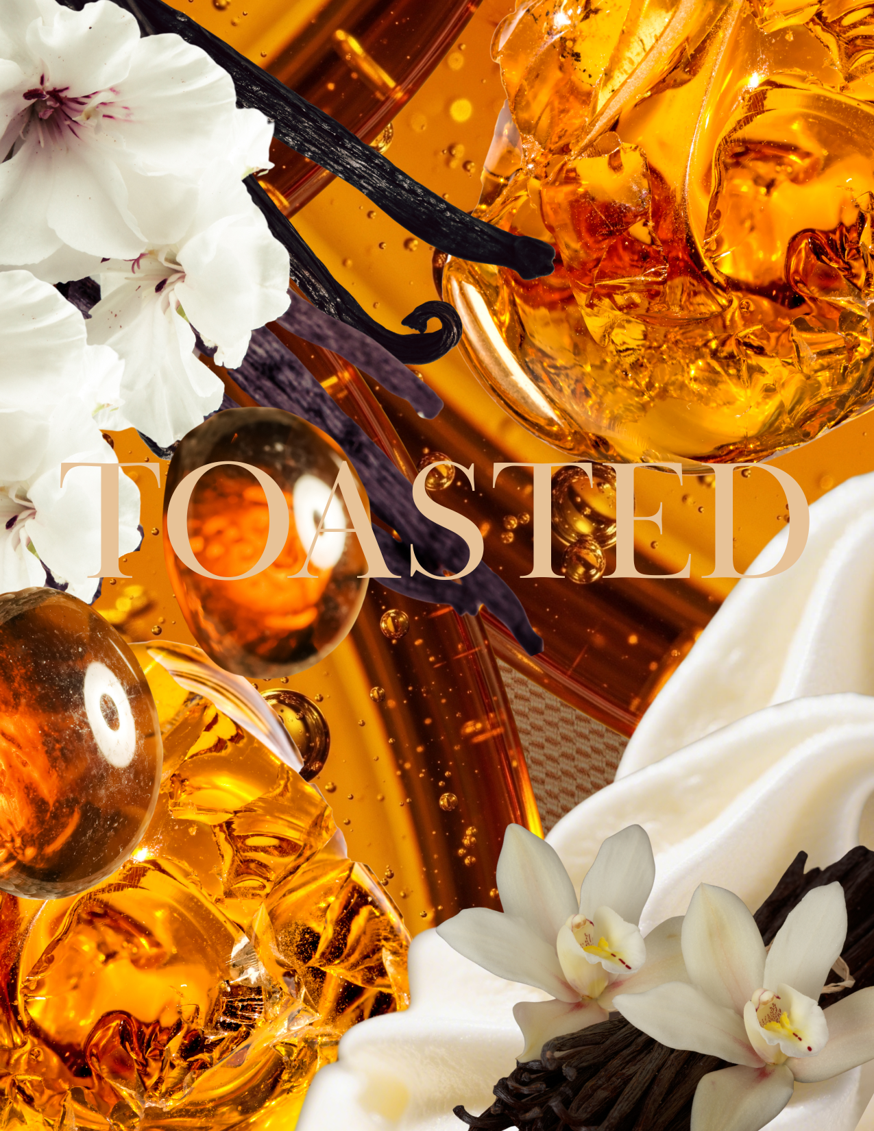 Close-up of toasted ingredients with 'TOASTED' text overlay, including vanilla beans and flowers.