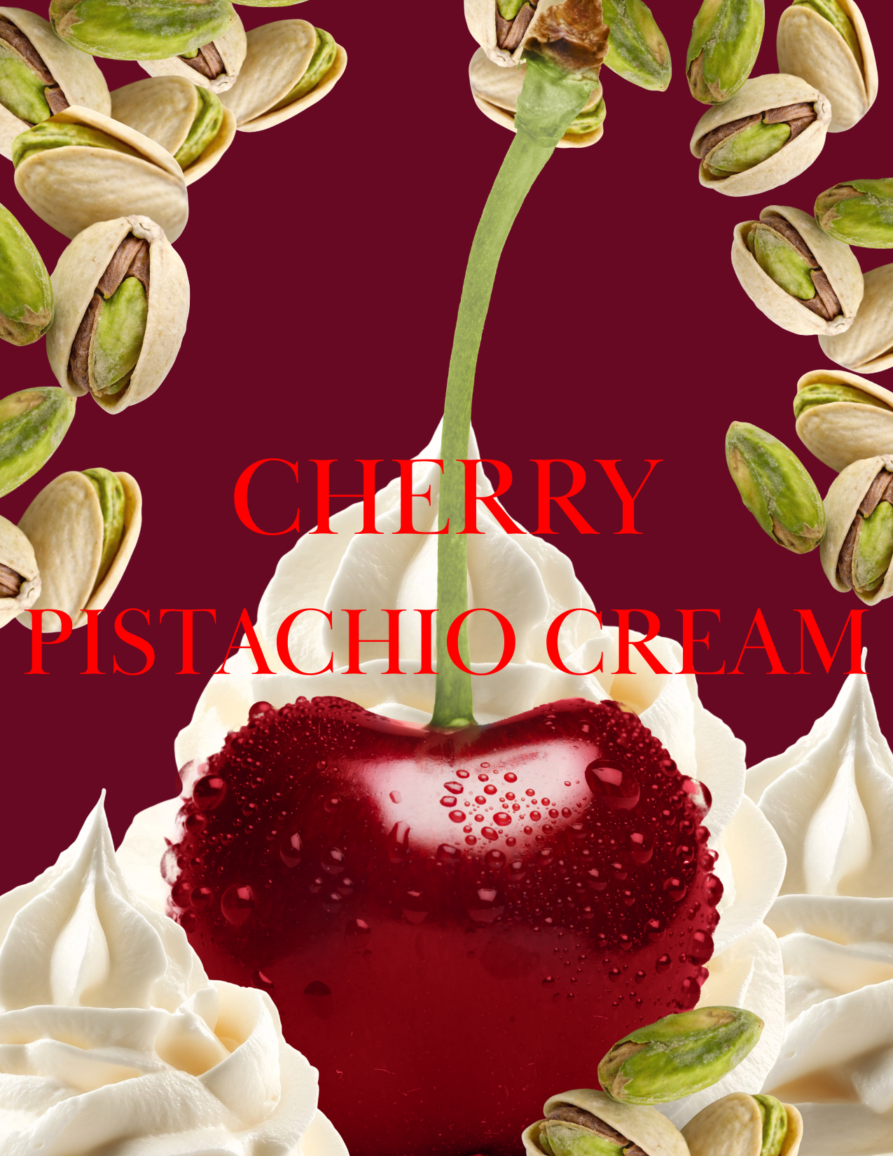 Dessert with cherry and pistachio cream, surrounded by pistachios on a red background.