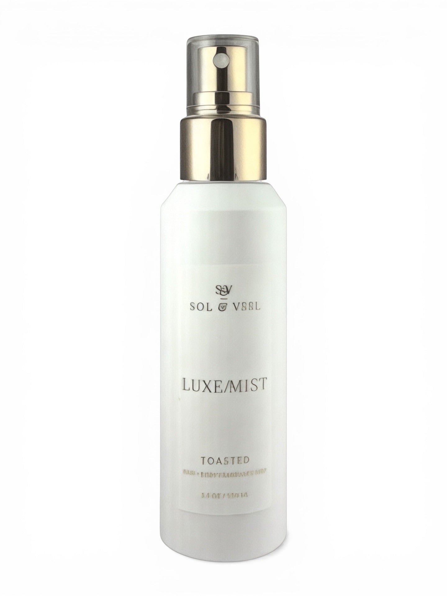 White spray bottle labeled 'Luxemist' with gold cap on a white background