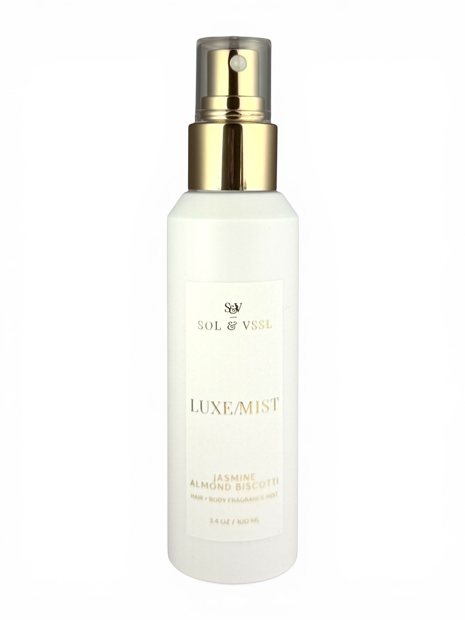 White spray bottle with gold cap labeled 'Luxe Mist' on a white background
