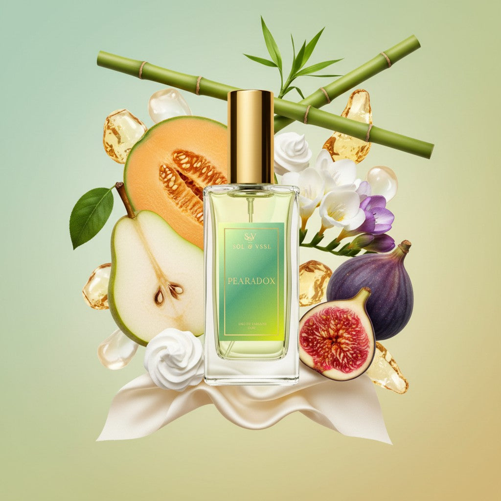 Perfume bottle labeled 'Pearados' surrounded by fruits and flowers on a gradient background
