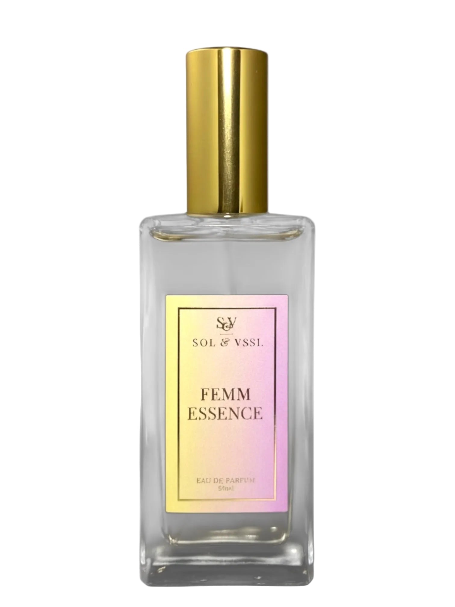 Perfume bottle labeled 'Femm Essence' by Sol & Ssse on a white background