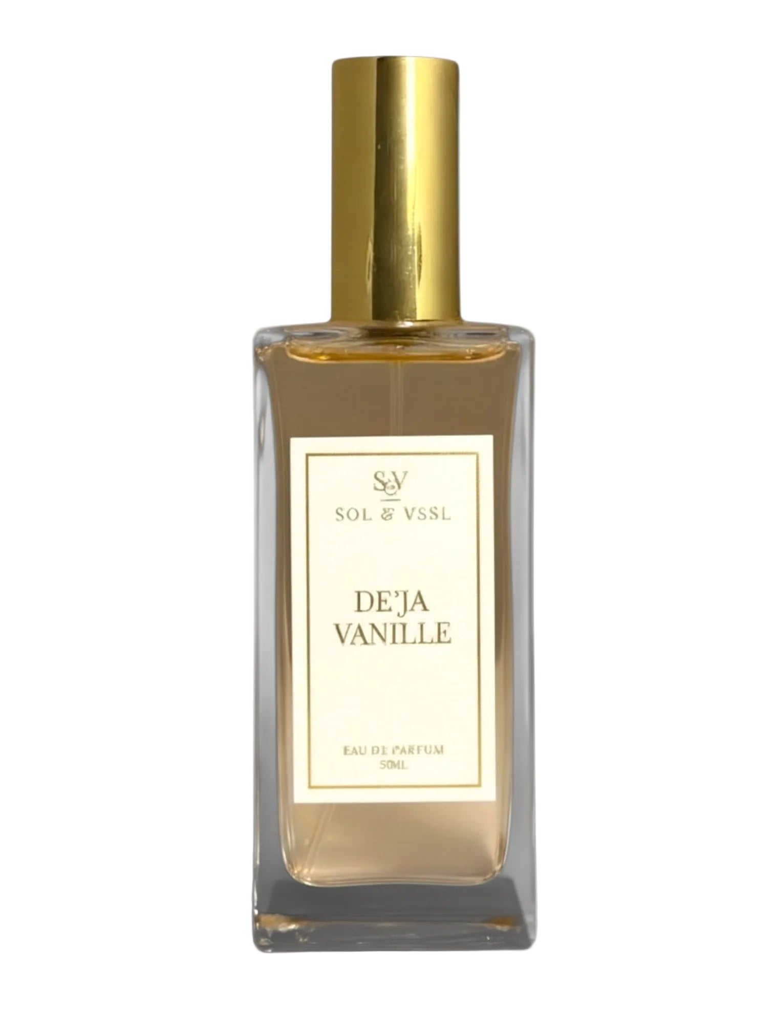 Perfume bottle labeled 'Deja Vanille' with gold cap on a white background