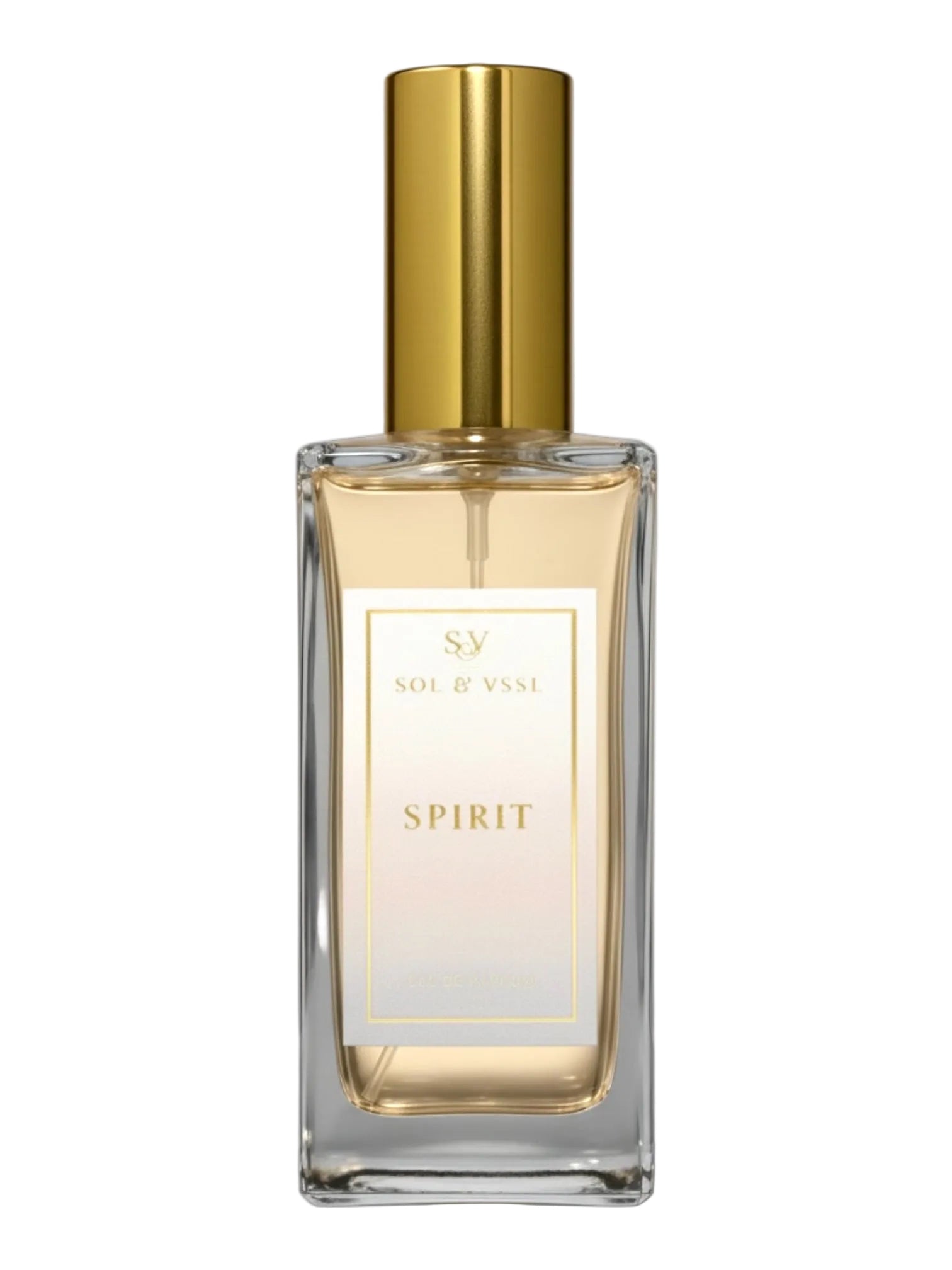 Perfume bottle labeled 'SV Spirit' with gold cap on a white background
