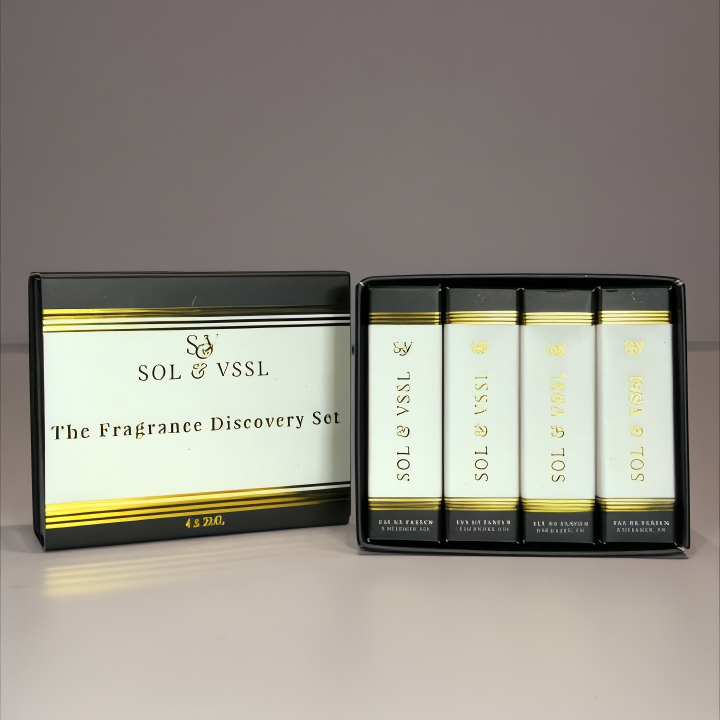 Sol & VSSL fragrance discovery set with three small bottles and a black box on a gray background