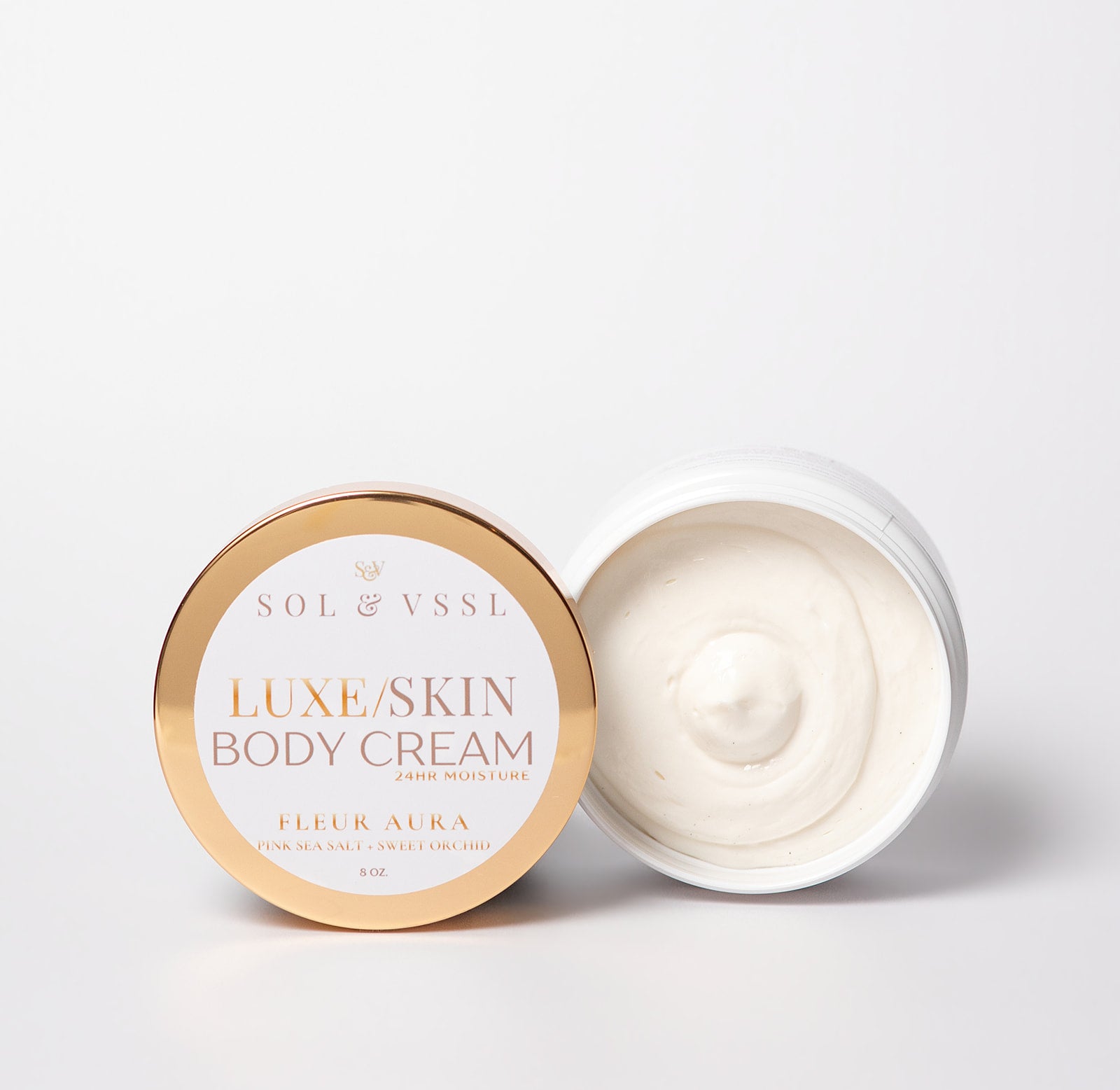 Sol & Vessi Luxe Skin Body Cream jar with gold lid on a white background